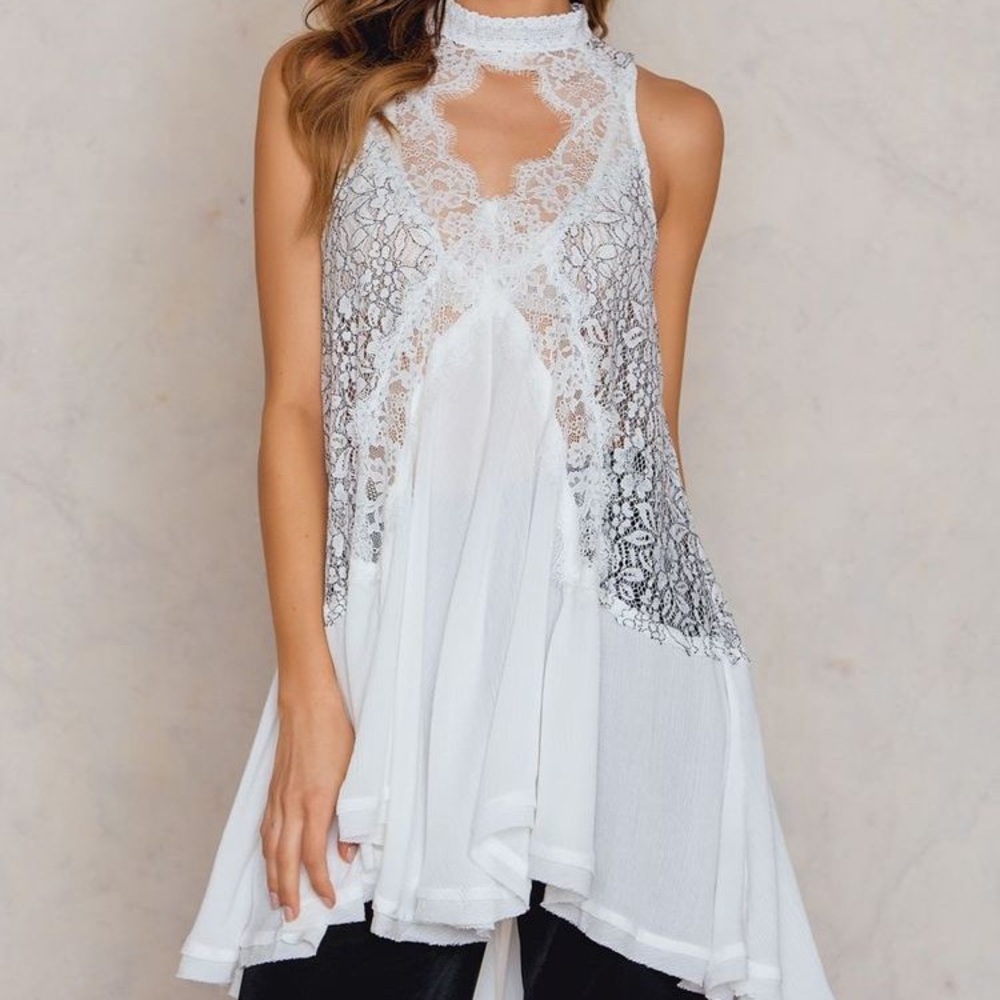Free People Dress Sz L White Lace Tunic EUC
